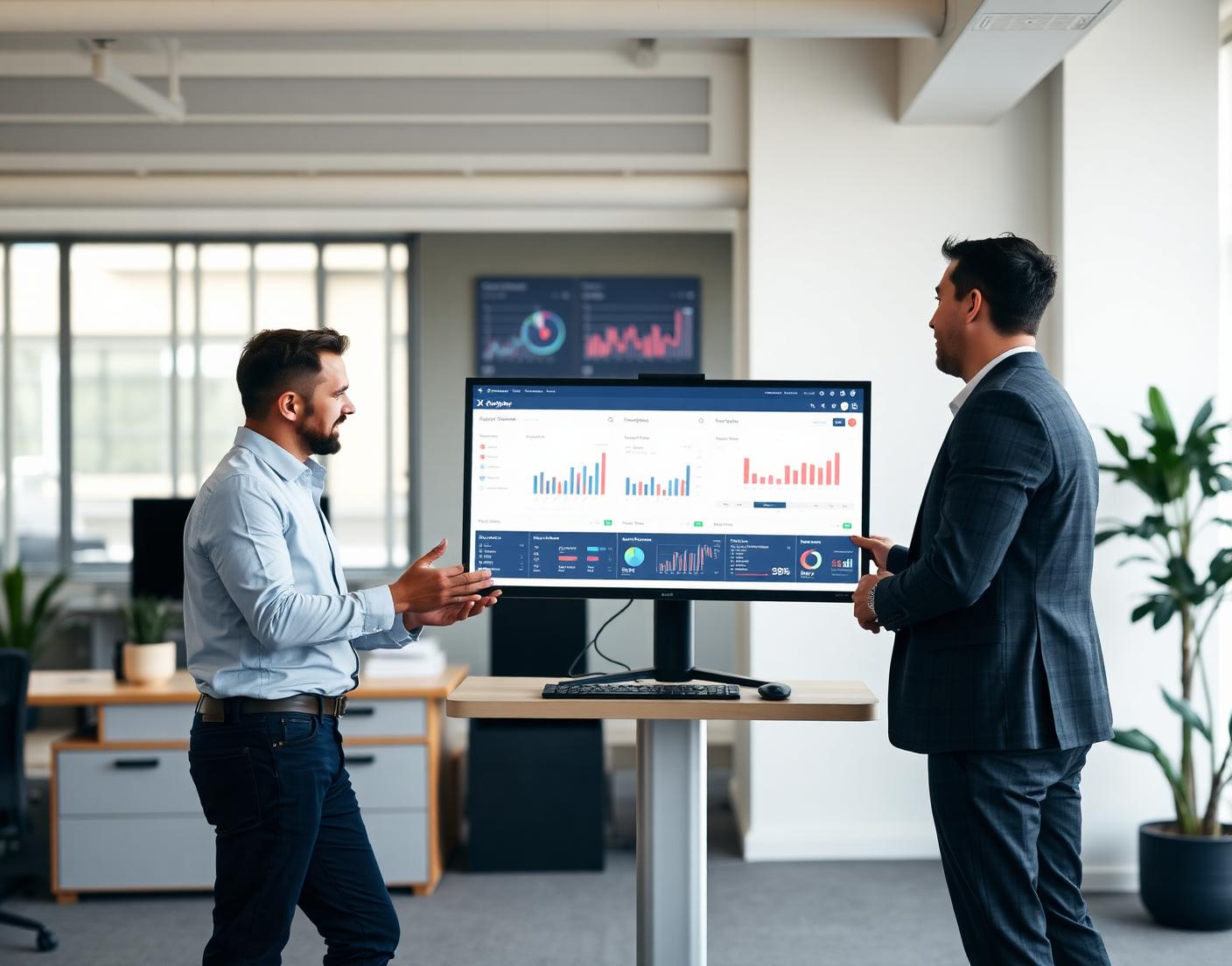 Two colleagues reviewing a data dashboard in a bright modern office