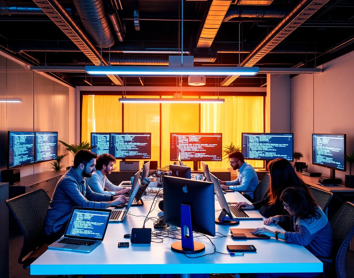 Technology team working together around laptops and screens