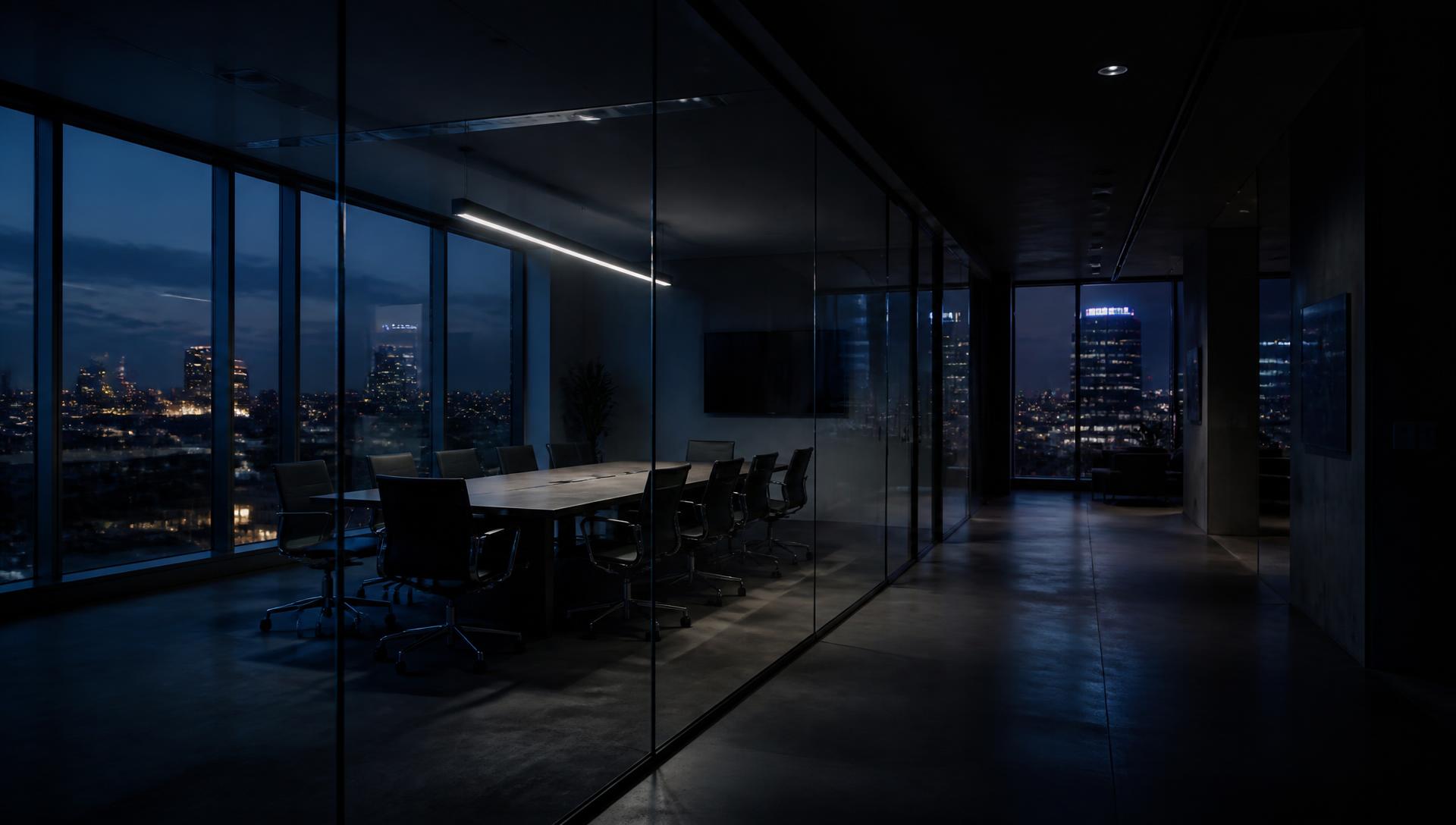 Modern office meeting room at dusk with city lights beyond the glass