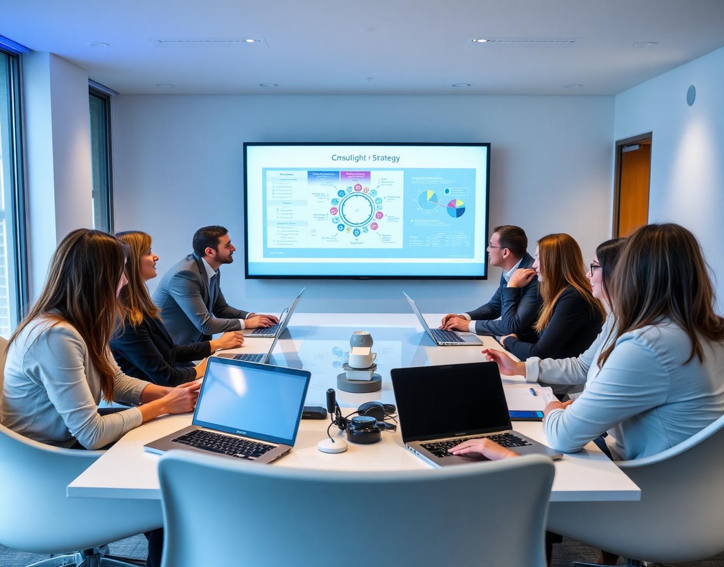Consultants and executives in a digital strategy meeting around a conference table