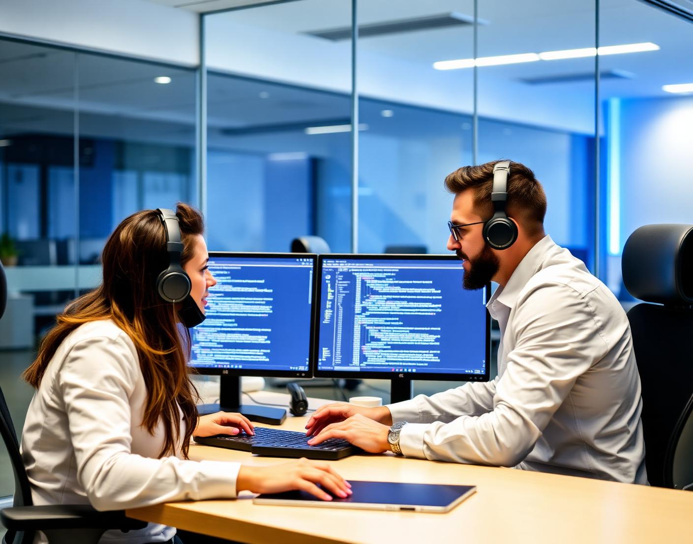 Two developers pair-programming on dual monitors in a modern office