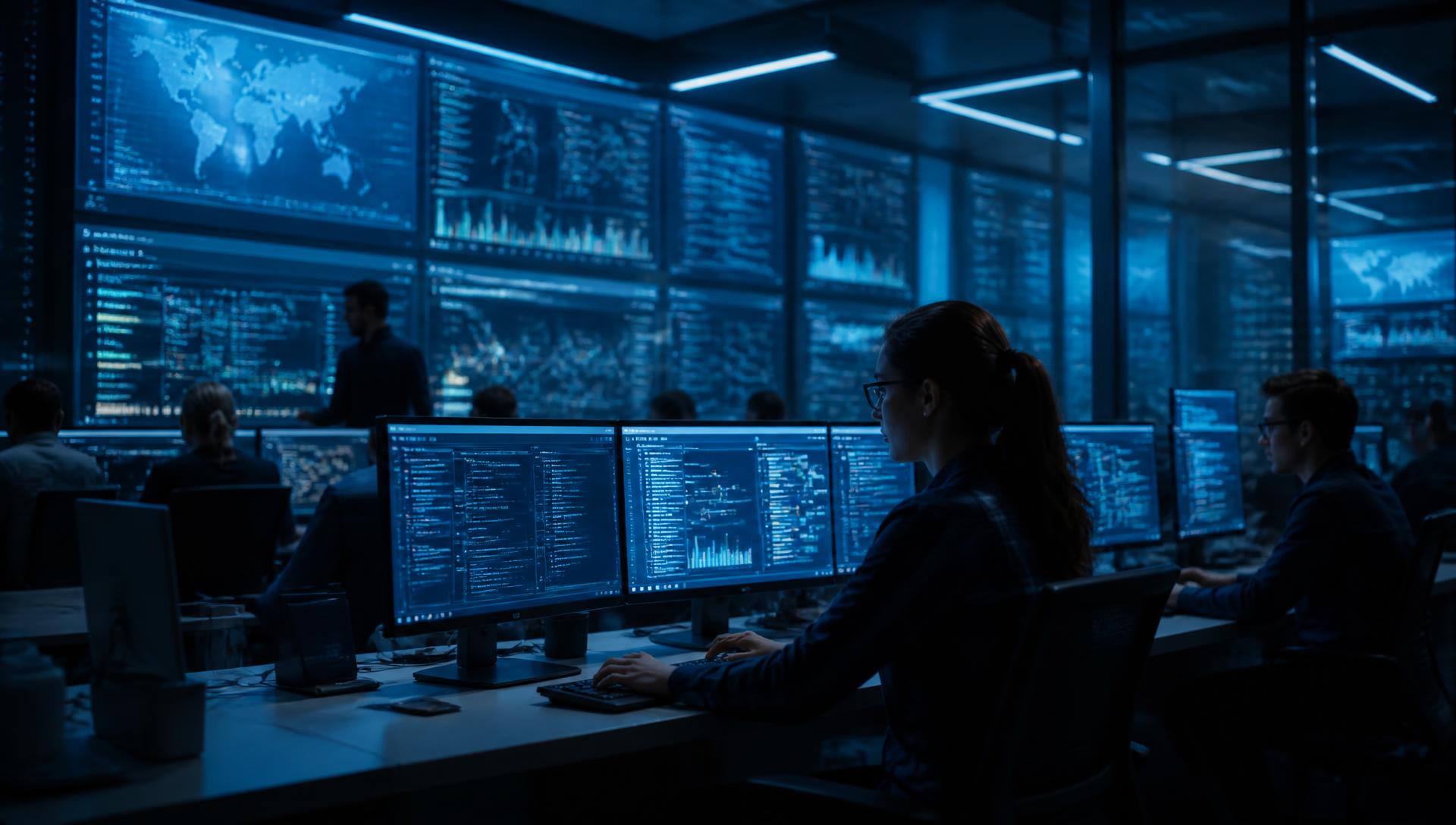 Engineers monitoring live data dashboards in a modern technology operations room