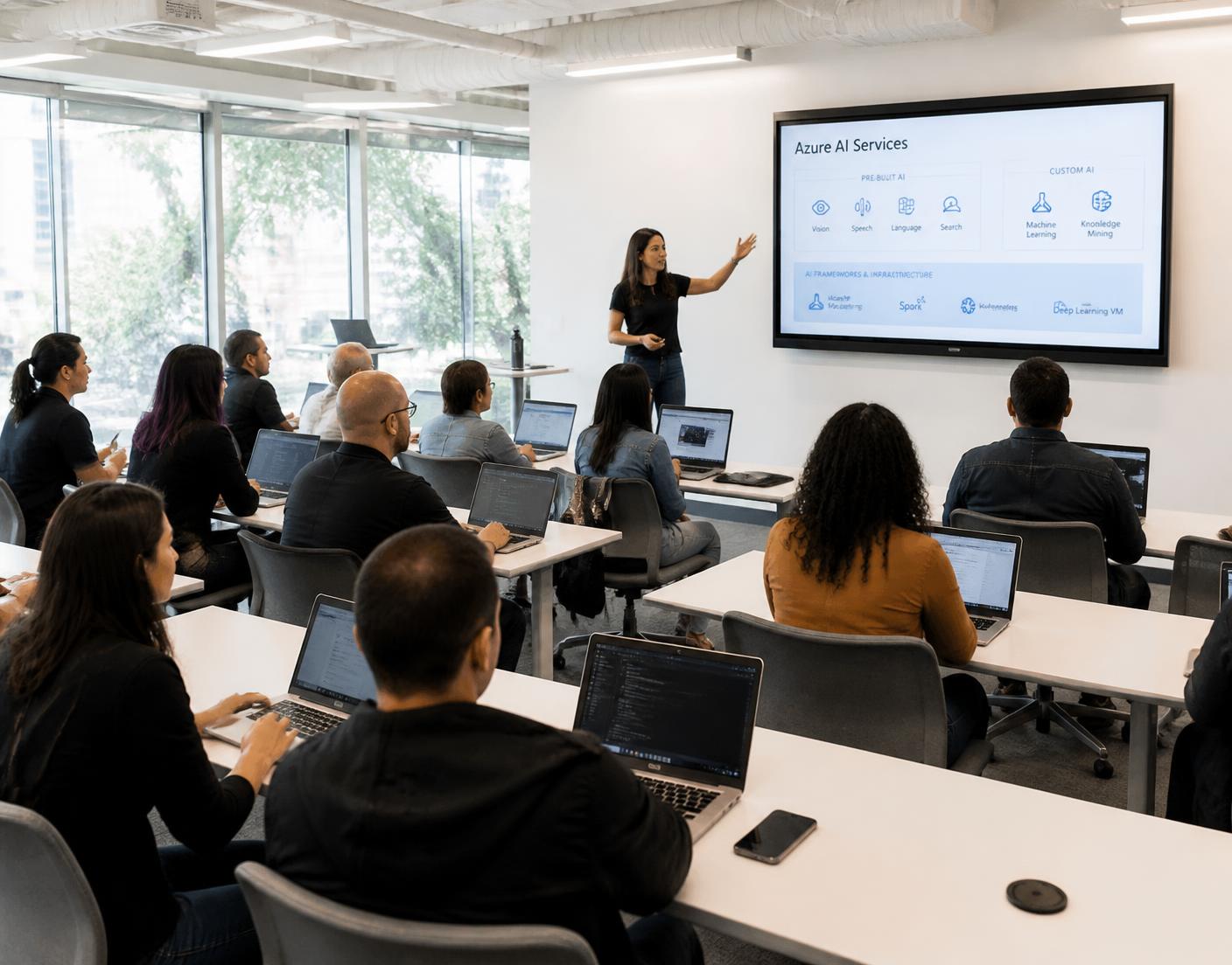 Professionals with laptops attending a technology training session led by an instructor
