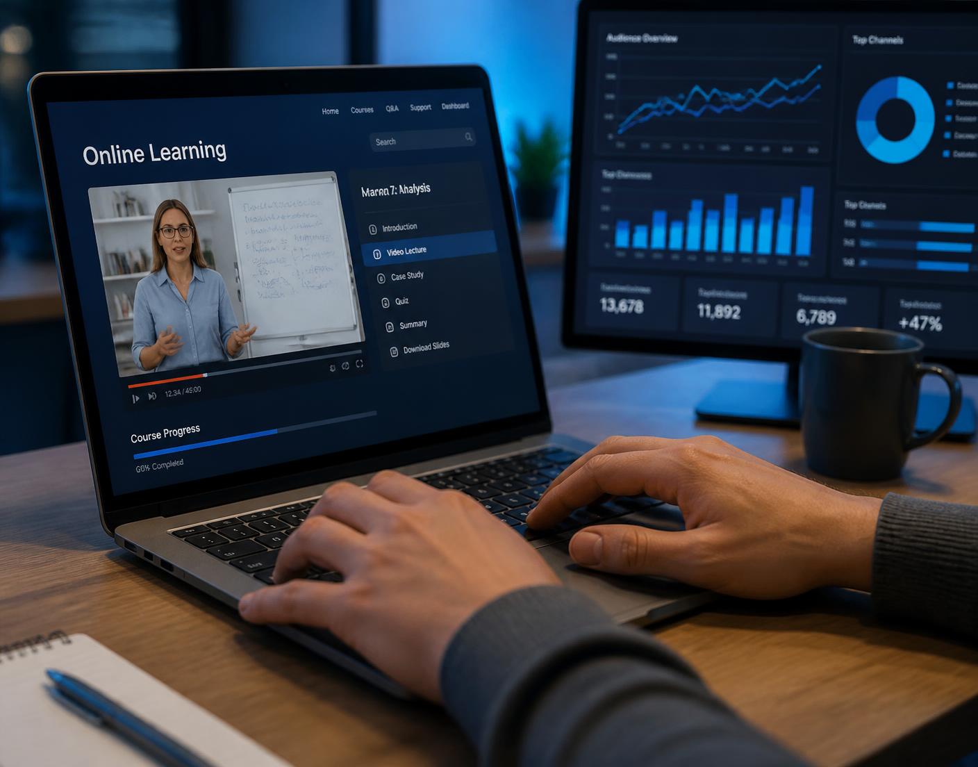 Participant following a live online training session on a laptop